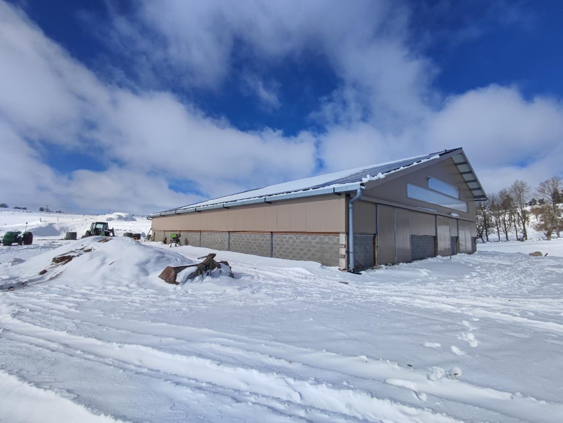 hangar agricole avec centrale solaire sous la neige