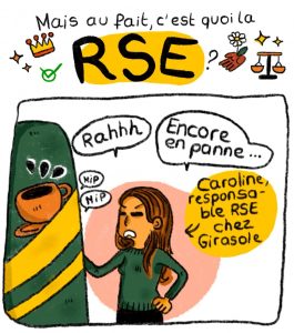Bande dessinée illustrant les engagements RSE de Girasole Energies, réalisée avec une dessinatrice.