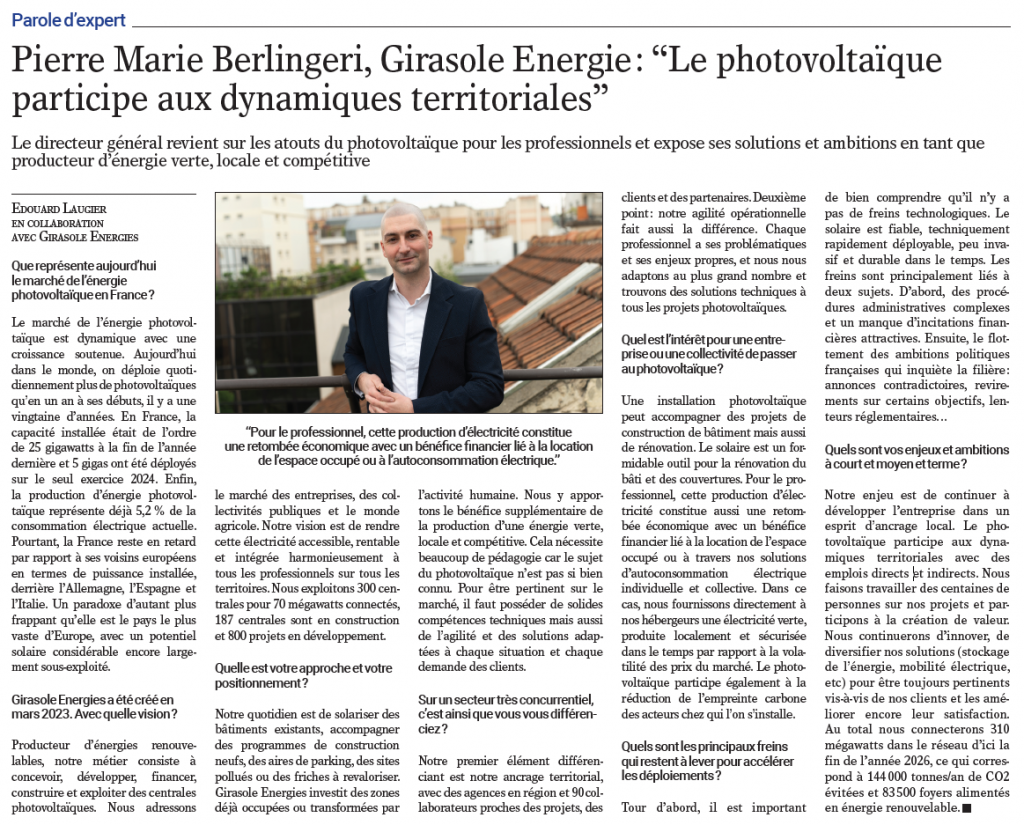 Pierre-Marie Berlingeri, Directeur Général de Girasole Energies, entreprise de photovoltaïque, en une de l’interview publiée dans Le Nouvel Économiste.