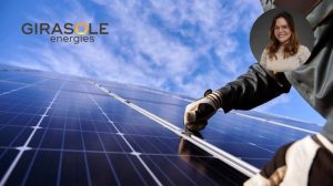 Des panneaux solaires sous un ciel bleu, avec le logo de Girasole Energies et une vignette portrait de Juliette Marti.