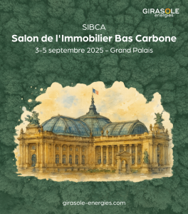 Stand de Girasole Energies au SIBCA 2025, salon de l'immobilier bas carbone à Paris, avec nos solutions solaires pour bâtiments neufs ou à rénover.