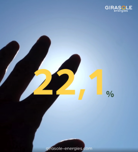 Illustration solaire avec une main vers le soleil et le chiffre 22,1 %, pour symboliser la part de l'énergie solaire dans la production d’électricité en Europe
